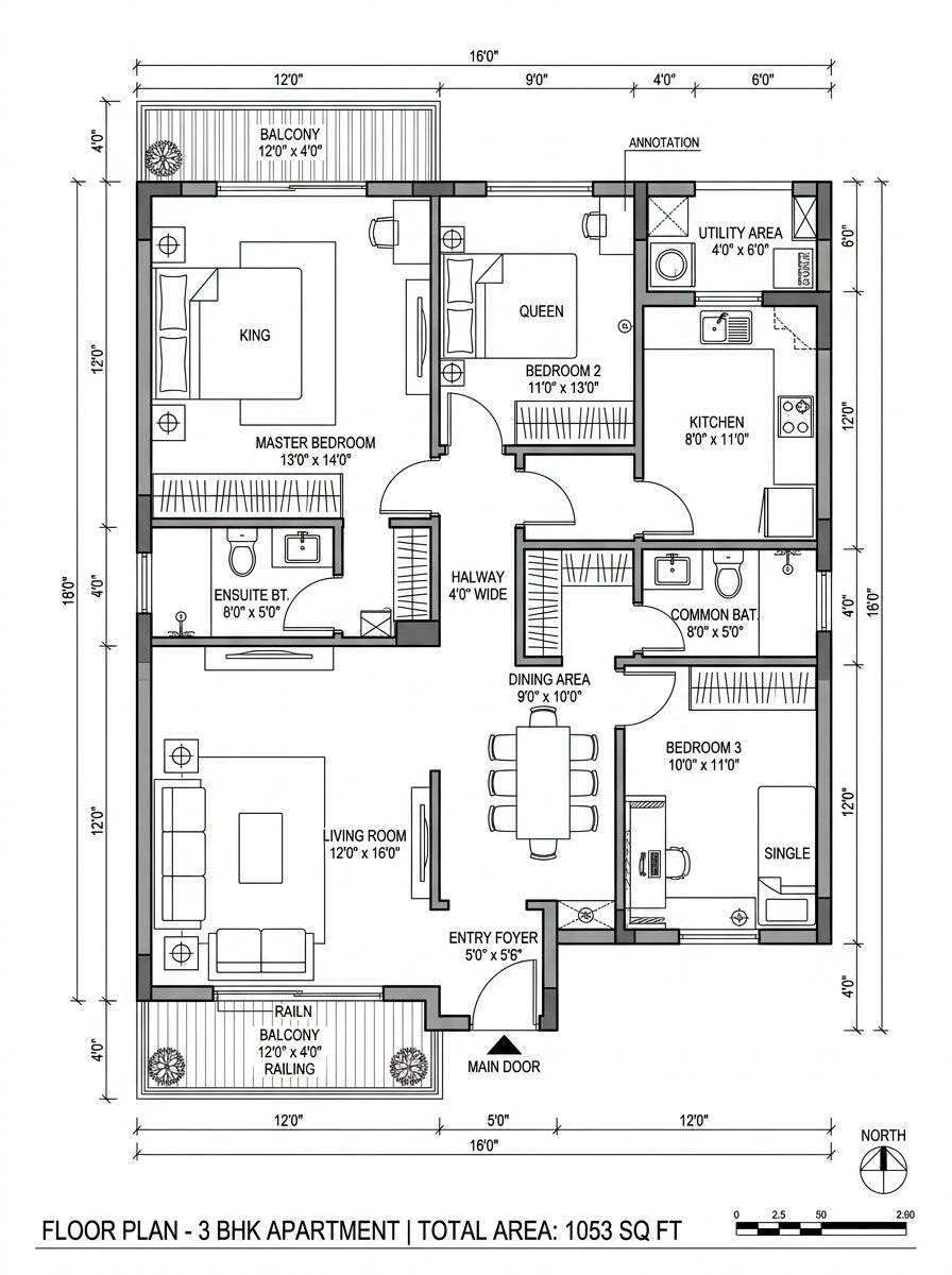 3 BHK Floor Plan